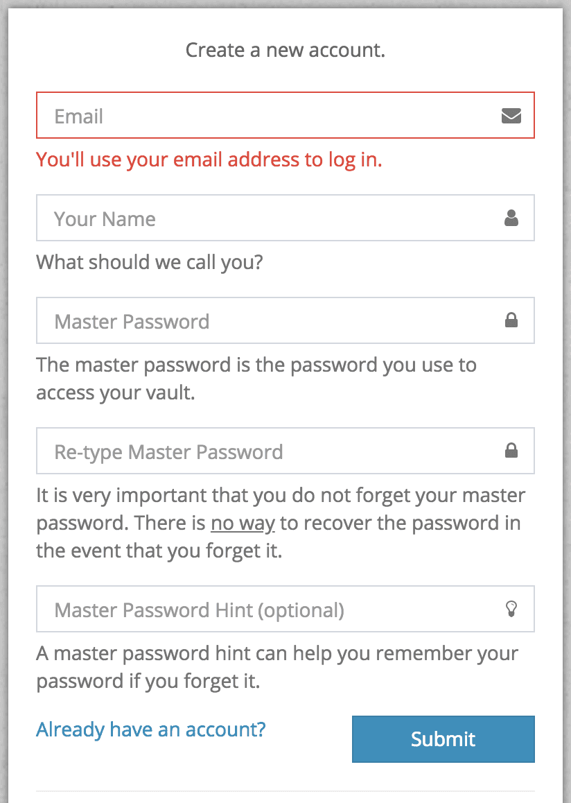 Bitwarden web vault 注册页面